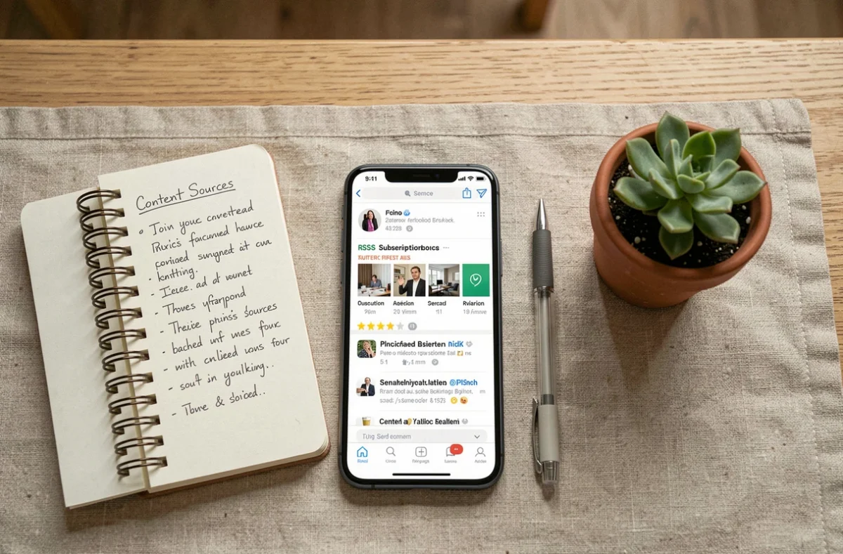 Vue aérienne d'un smartphone affichant un abonnement à un flux RSS sur un bureau minimaliste