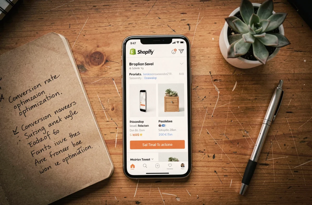Vue aérienne d'un smartphone affichant une page produit Shopify optimisée pour la conversion posé sur un bureau en bois avec des notes manuscrites sur le taux de conversion