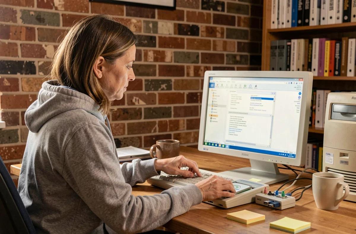 Femme formatant un disque dur externe sur un PC Windows 7 dans un bureau à domicile