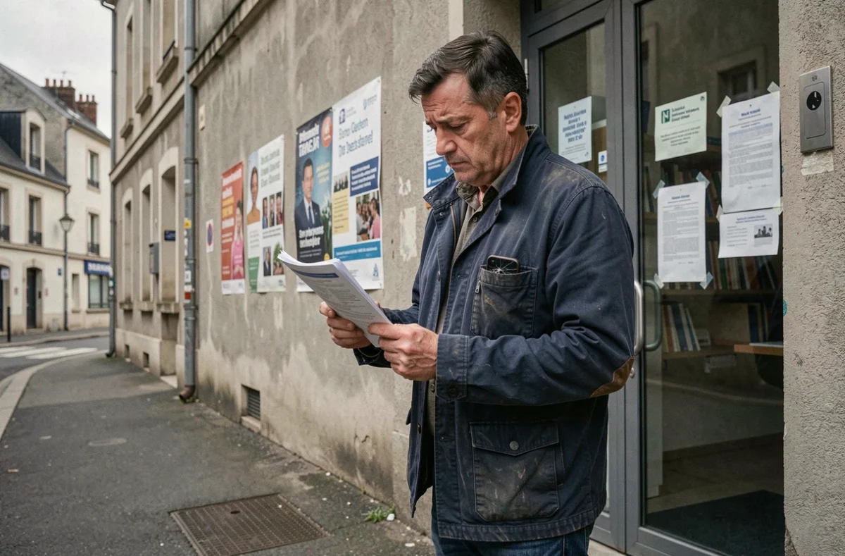 Homme en situation de précarité numérique devant un bâtiment administratif, symbolisant la fracture numérique sociale