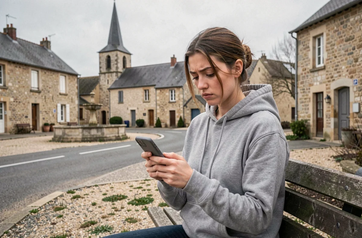 Jeune femme isolée dans un village rural avec un téléphone basique, représentant la fracture numérique géographique