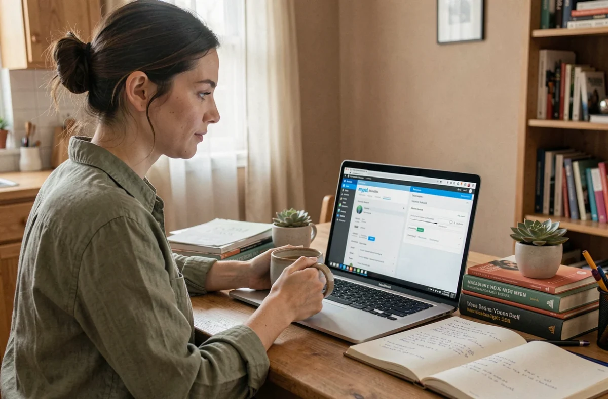 Développeuse freelance comparant MySQL et MariaDB pour WordPress depuis son bureau à domicile