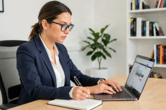 Femme professionnelle analysant sa e-réputation sur un ordinateur portable dans un bureau moderne