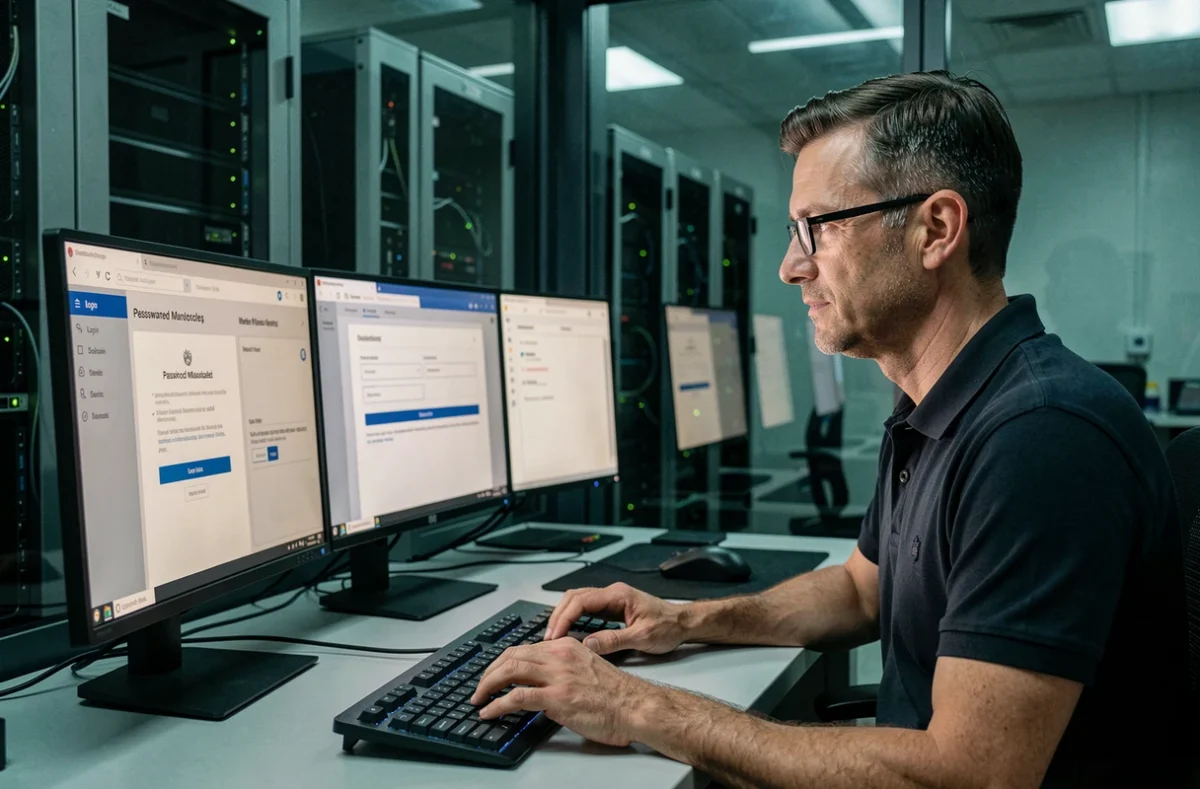 Professionnel informatique gérant plusieurs méthodes d'authentification sur des écrans dans une salle de serveurs, illustrant la sécurité des accès numériques