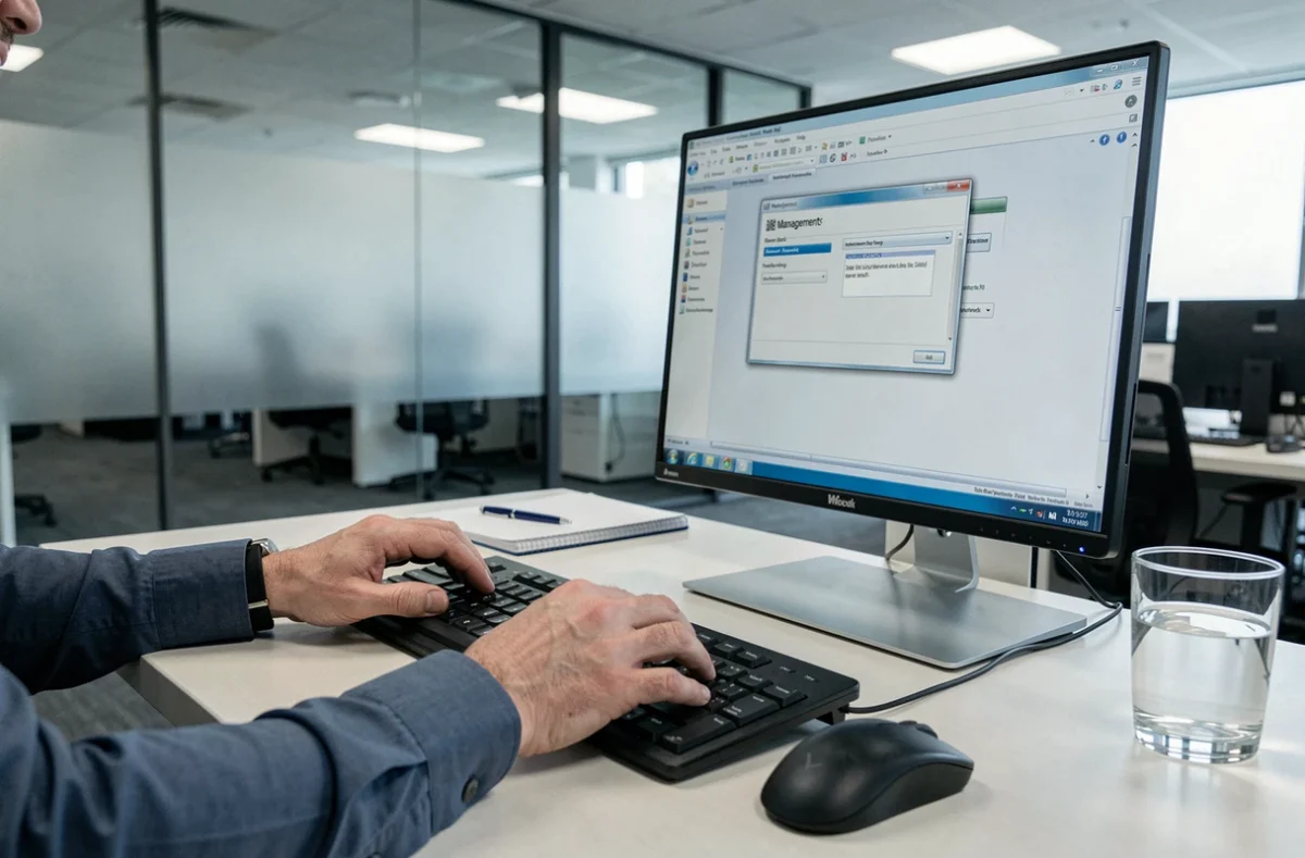 Mains d'un professionnel utilisant l'outil de gestion des disques et formatage sous Windows 7 en entreprise