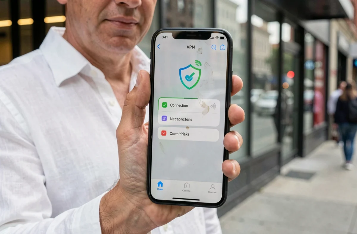 Gros plan d'un smartphone affichant une application VPN avec statut de connexion sécurisée en ville