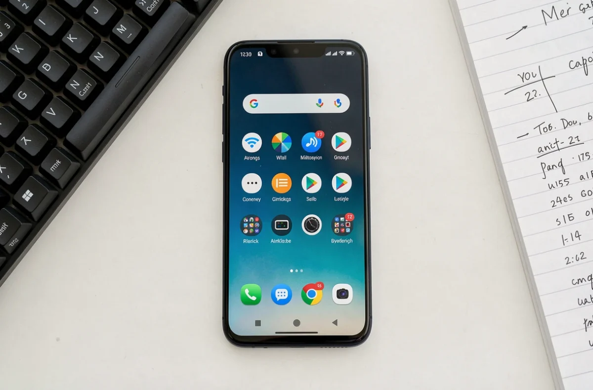 Gros plan sur la barre d'état d'un smartphone Android posé sur un bureau avec clavier
