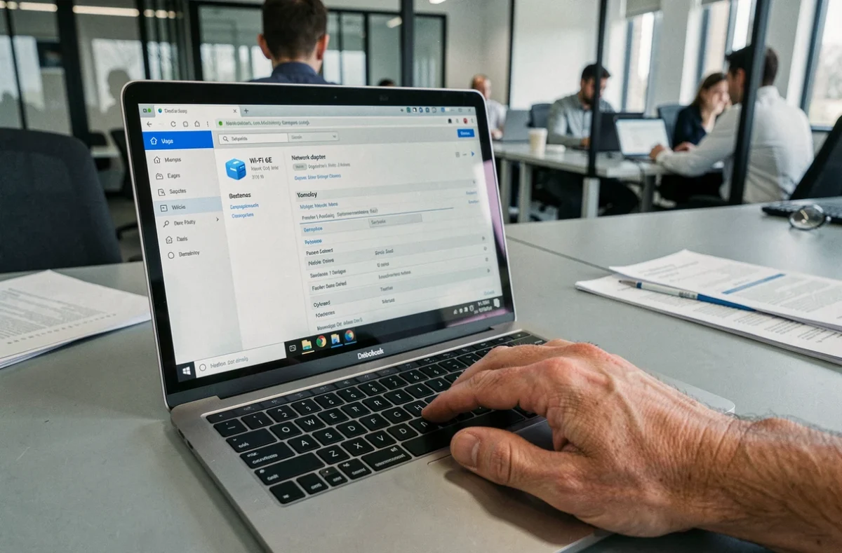 Gros plan sur les paramètres réseau Wi-Fi 6E d'un ordinateur portable en entreprise
