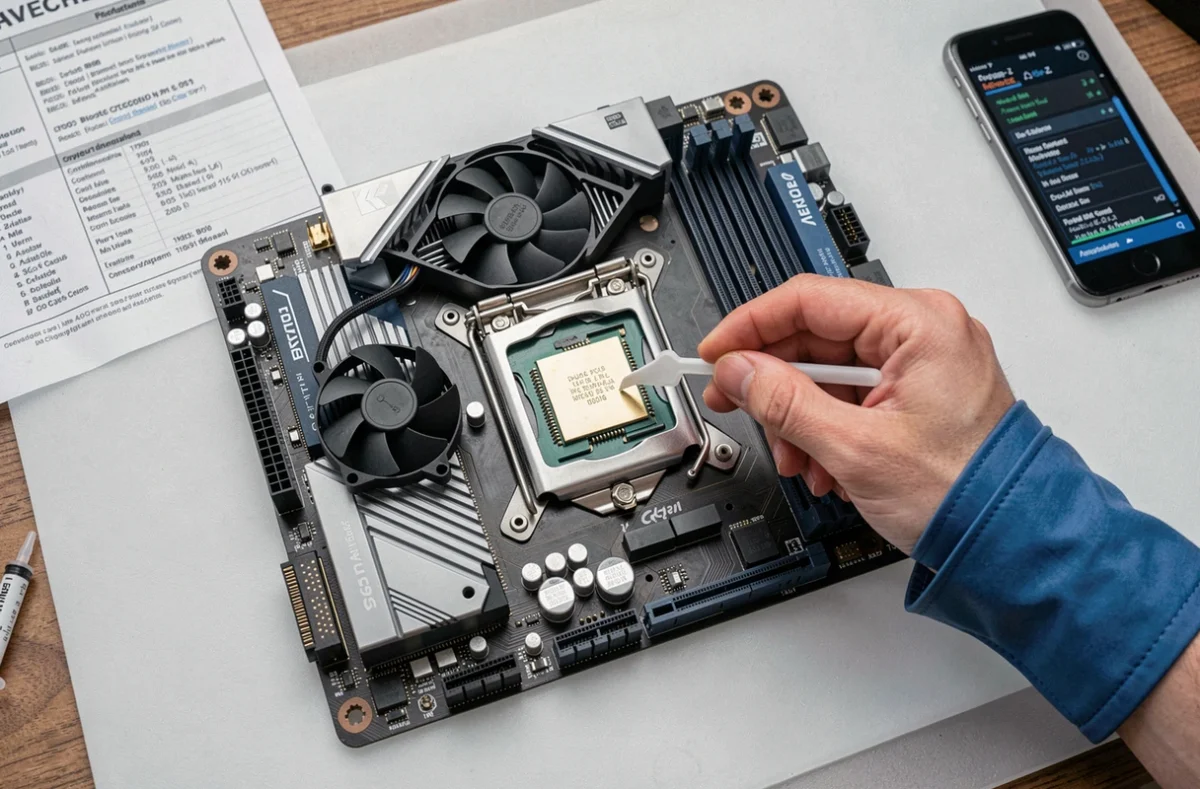 Gros plan d'un processeur installé sur une carte mère avec ajustement manuel pour activer le mode turbo boost