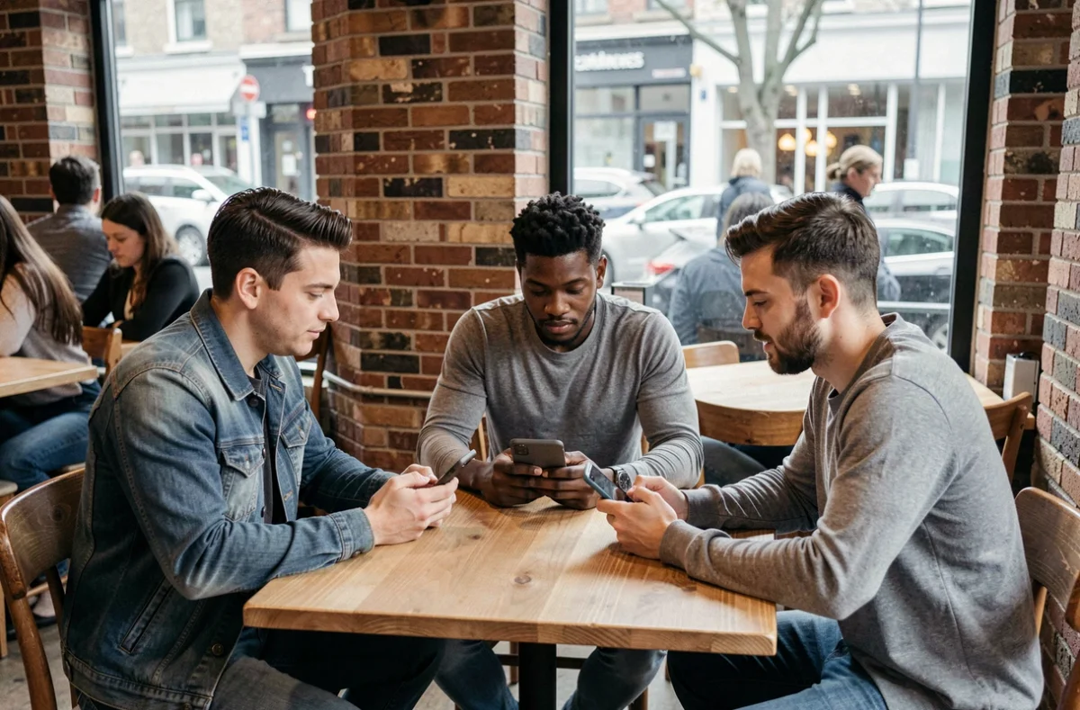 Groupe de personnes utilisant leurs appareils mobiles dans un café urbain pour naviguer sur les plateformes sociales