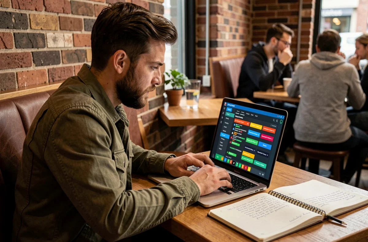 Hacker éthique réalisant un test d'intrusion et analysant les résultats d'un scan de vulnérabilités sur son ordinateur portable dans un café