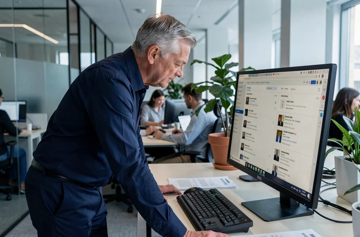Homme d'affaires consultant un agrégateur de flux RSS sur un ordinateur de bureau au bureau