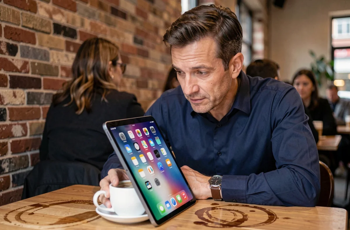Homme analysant les icônes de la barre d'état sur une tablette dans un café