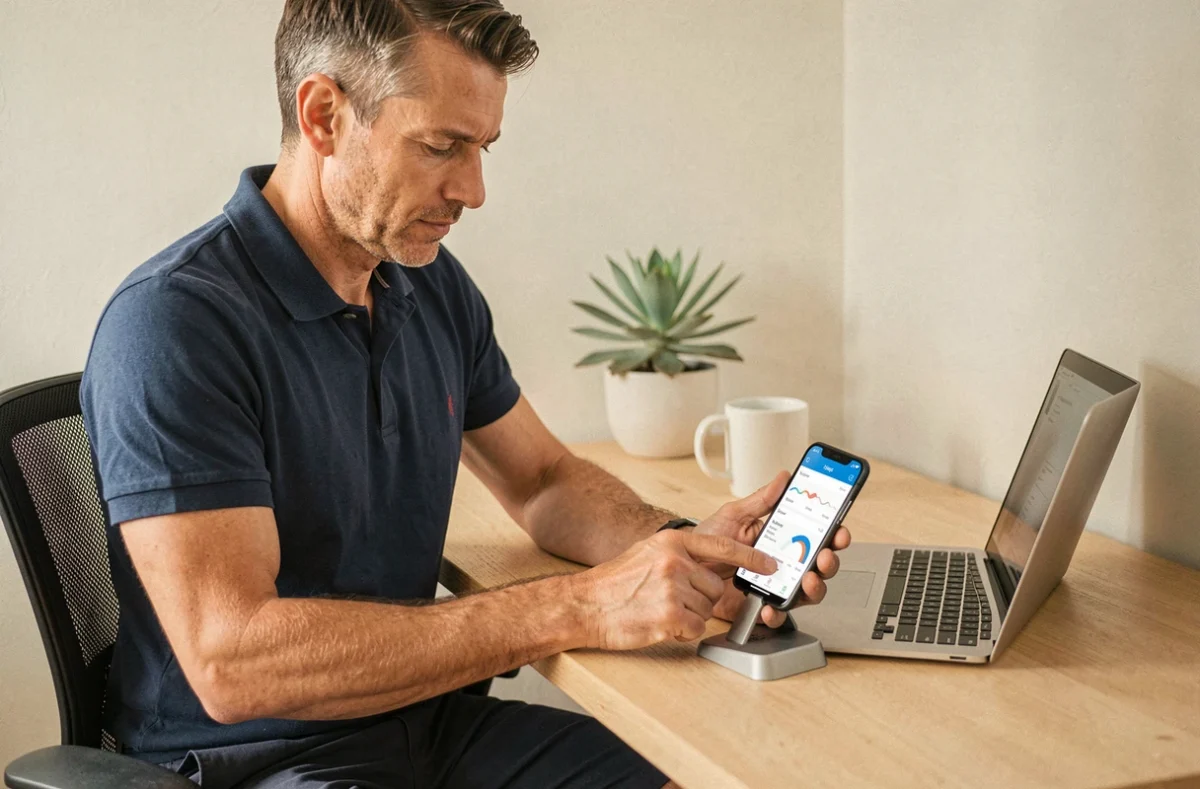 Homme consultant l'application Google Fit sur smartphone pour suivre ses statistiques d'activité physique au bureau