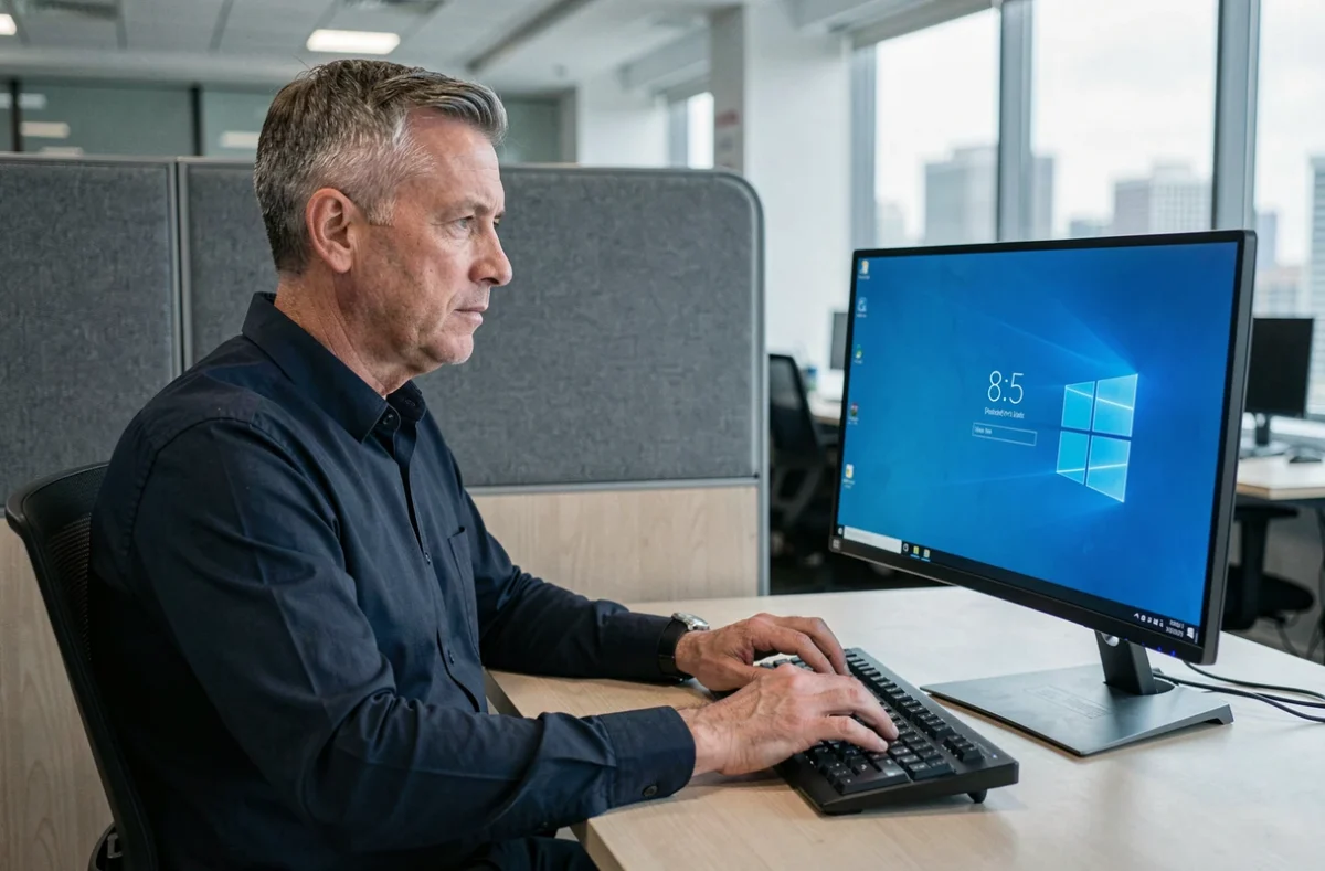 Homme au bureau en entreprise face à un écran affichant un écran de connexion Windows verrouillé