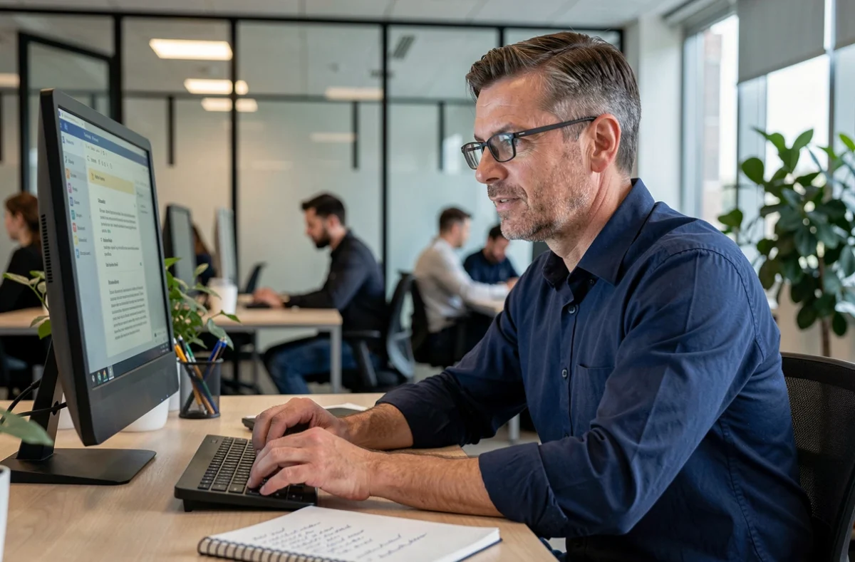 Homme d'affaires consultant ses emails professionnels sur un ordinateur de bureau en open space