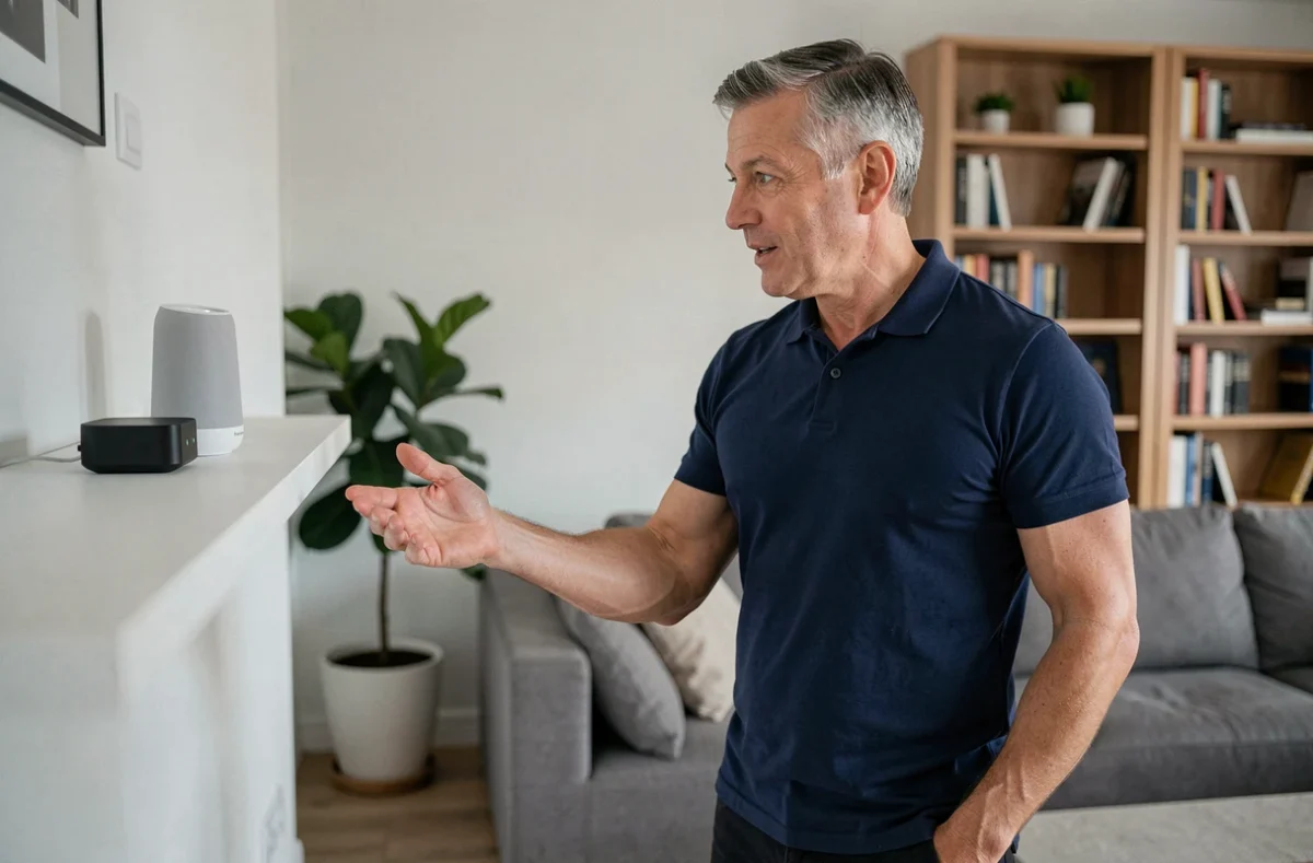 Homme interagissant avec une enceinte connectée dans un salon moderne, représentant les objets connectés populaires