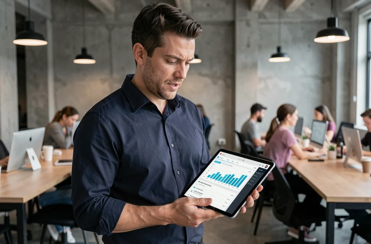 Homme consultant un outil IA SEO gratuit sur tablette dans un espace de coworking