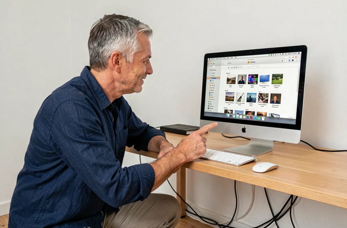 Homme accédant au dossier de bibliothèque macOS contenant les photos de Photo Booth sur un iMac