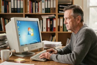 Un homme d'une cinquantaine d'années regardant un ordinateur de bureau sous Windows 7 dans un bureau à domicile