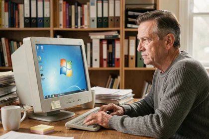 Un homme d'une cinquantaine d'années regardant un ordinateur de bureau sous Windows 7 dans un bureau à domicile