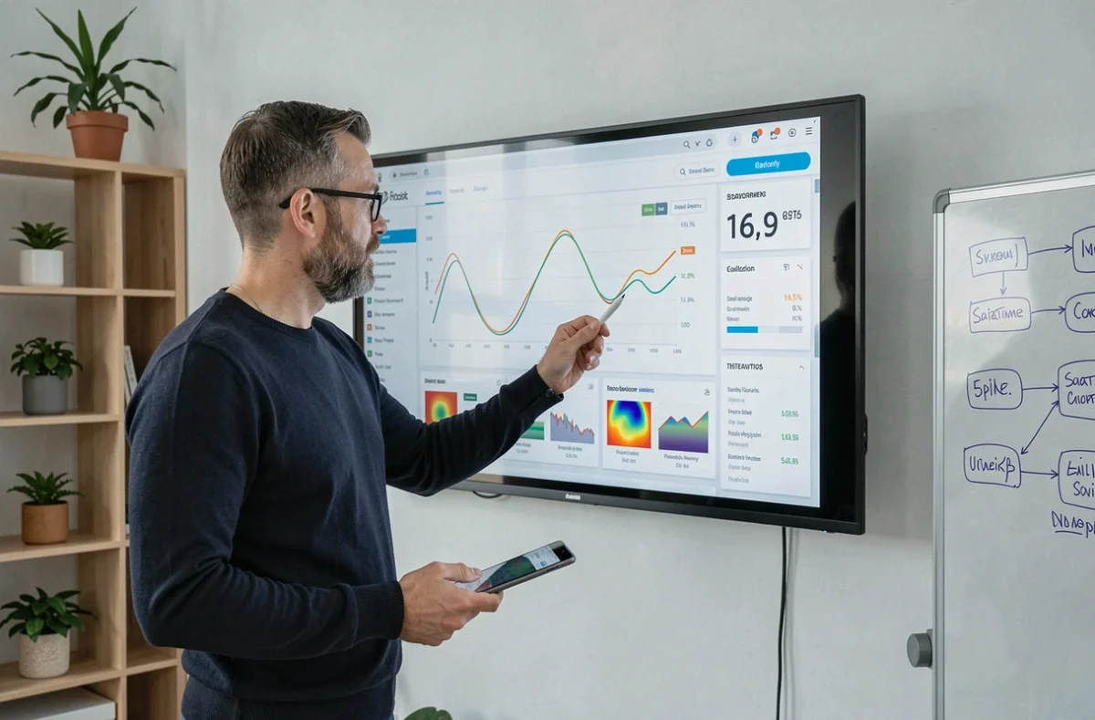 Homme en startup présentant des graphiques de données de site web sur un grand écran mural