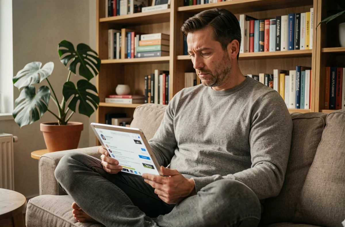 Un homme réfléchissant à la pertinence du SEO sur une tablette dans un bureau à domicile chaleureux