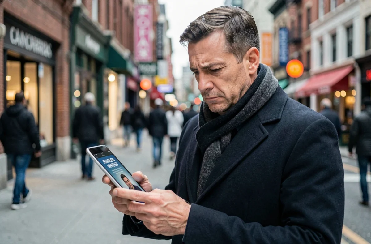 Homme d'âge mûr consultant une tablette avec une expression sceptique face à une publicité ciblée en ville