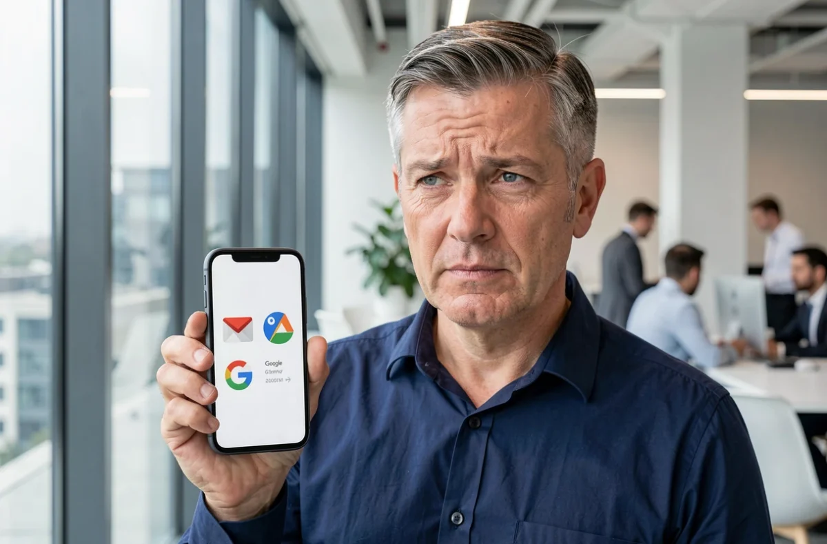 Homme tenant un smartphone affichant les icônes Gmail et Google dans un bureau moderne