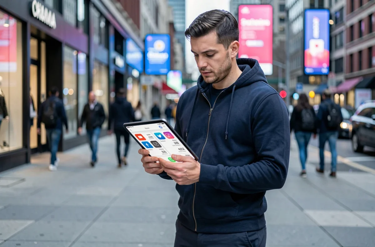 Homme analysant les statistiques des réseaux sociaux sur une tablette en milieu urbain