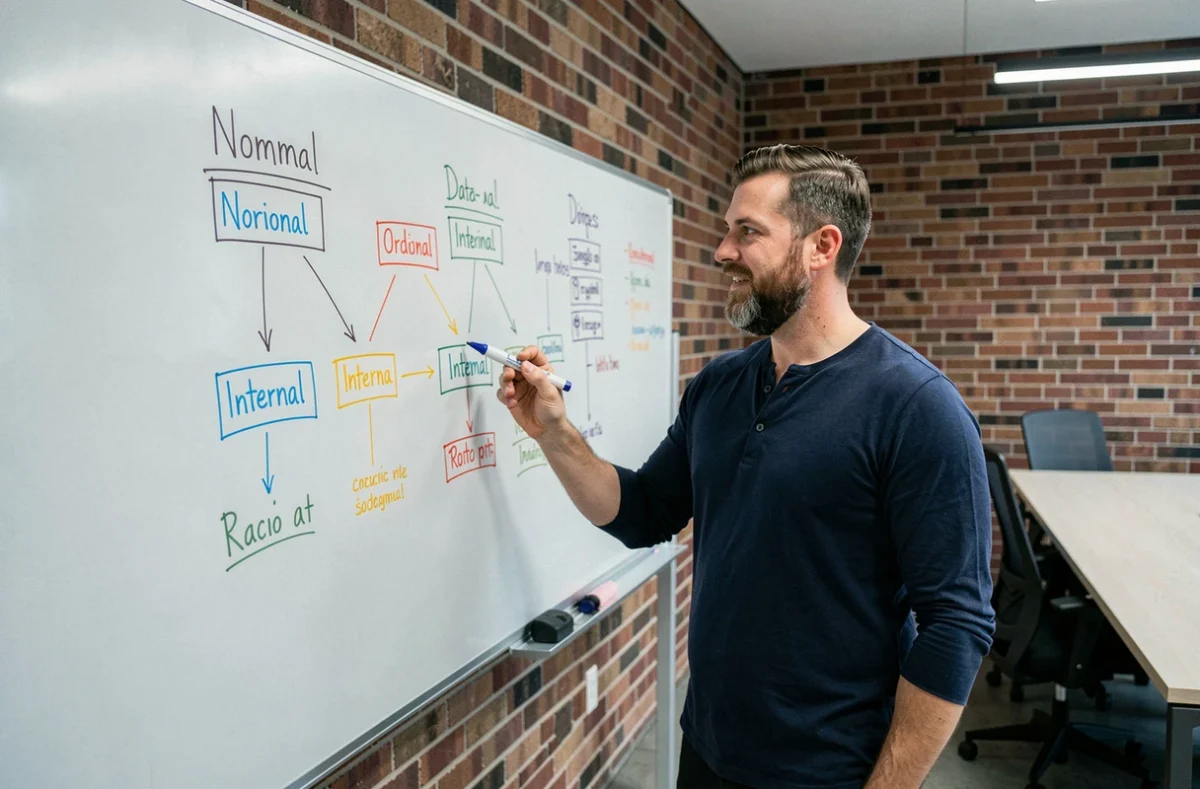 Homme debout devant un tableau blanc avec des schémas explicatifs des quatre types de données statistiques