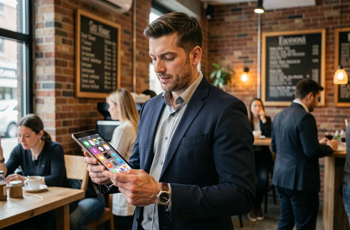 Homme consultant une tablette affichant les logos de différentes plateformes de médias sociaux dans un café urbain