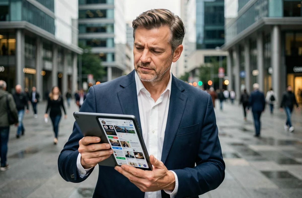 Homme d'affaires consultant une plateforme de médias sociaux sur tablette dans une place urbaine animée