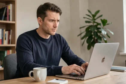 Homme utilisant un VPN sur son ordinateur portable dans un bureau à domicile moderne