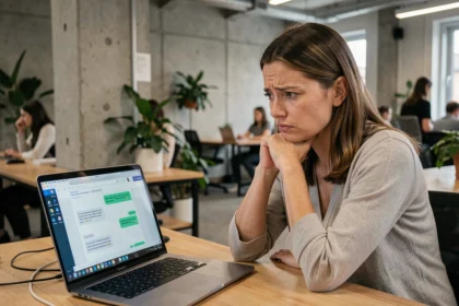 Femme au bureau regardant avec scepticisme une réponse incorrecte générée par une IA sur son ordinateur portable