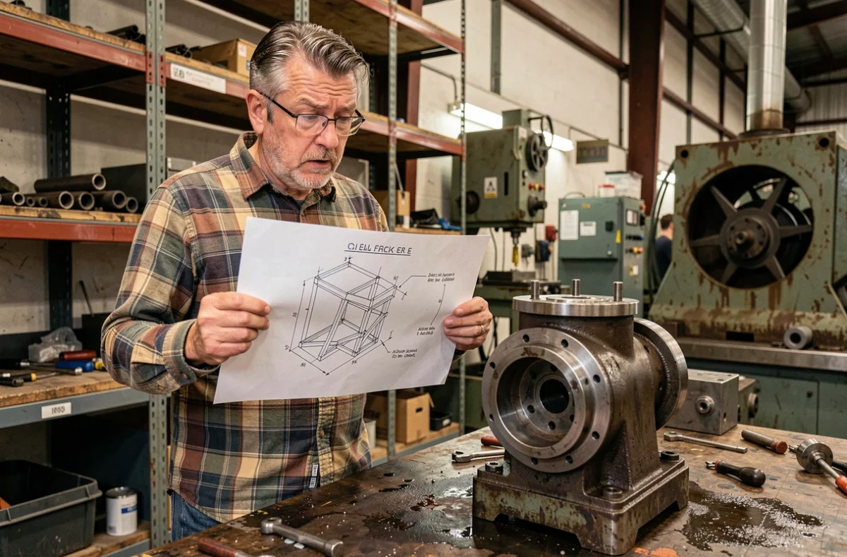 Ingénieur en atelier découvrant des erreurs dans un plan technique généré par intelligence artificielle