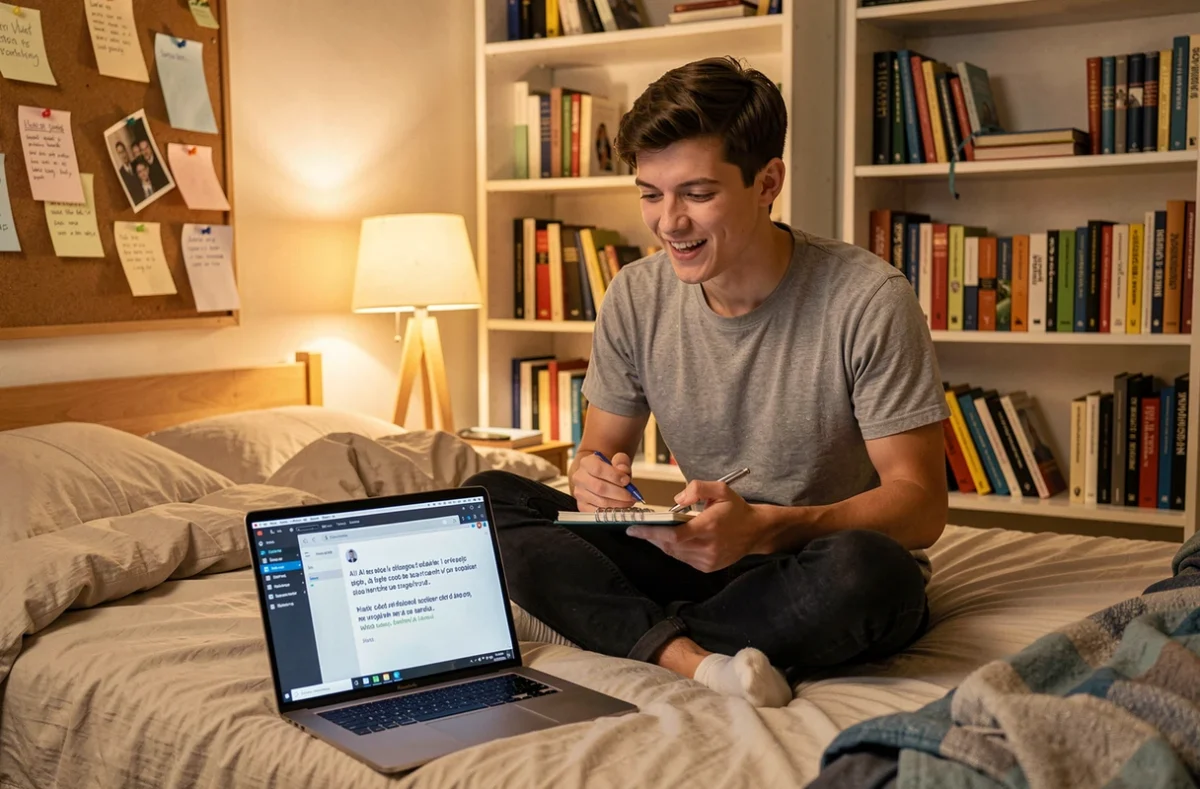 Étudiant universitaire confus face à un texte incohérent produit par un assistant IA sur son ordinateur