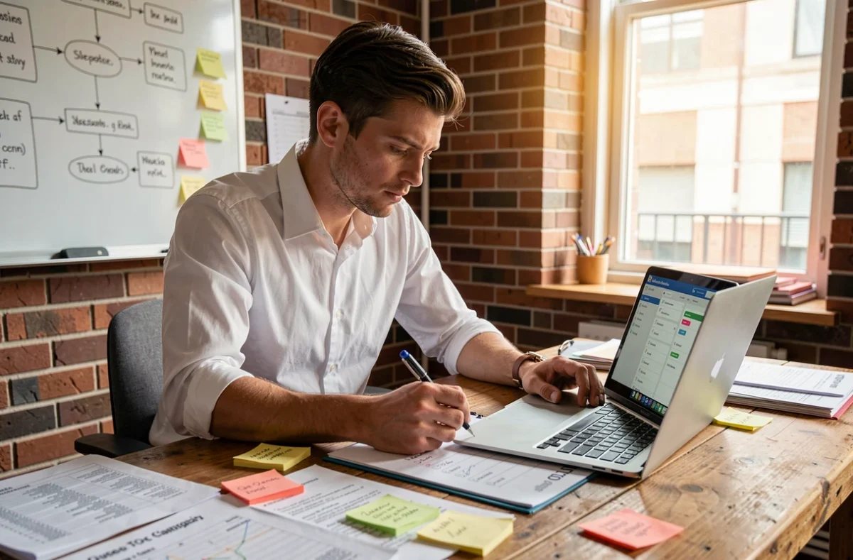 Ingénieur QA annotant des cas de tests sur des documents imprimés dans un espace de travail startup