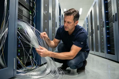 Ingénieur réseau examinant des câbles à fibre optique dans une salle de serveurs moderne