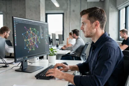 Ingénieur informaticien analysant un diagramme de réseau web sur un écran d'ordinateur dans un bureau moderne