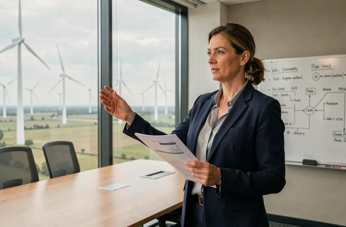 Ingénieure analysant la consommation énergétique d'un centre de données face à des éoliennes