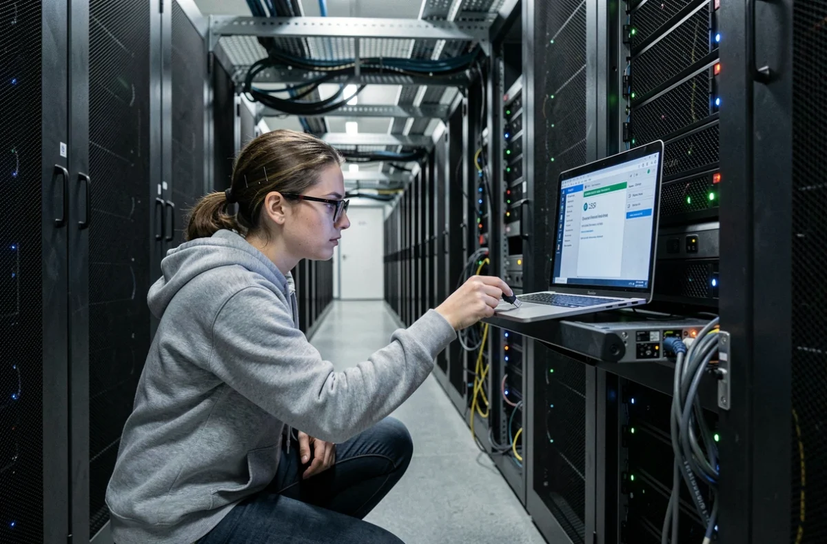 Ingénieure informatique isolant un serveur infecté par un malware dans un couloir de datacenter