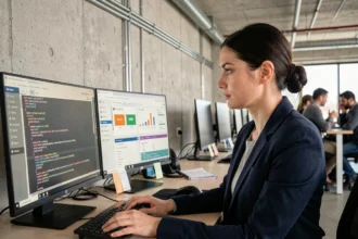 Ingénieure en cybersécurité analysant des résultats d'audit de code sur des écrans de travail dans un bureau tech moderne