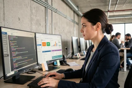 Ingénieure en cybersécurité analysant des résultats d'audit de code sur des écrans de travail dans un bureau tech moderne