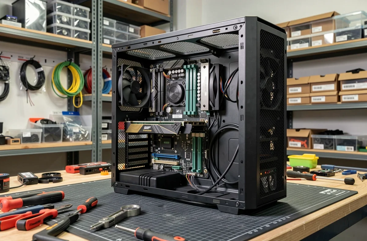 Intérieur d'un ordinateur de bureau avec processeur et refroidisseur visibles sur un établi d'atelier informatique