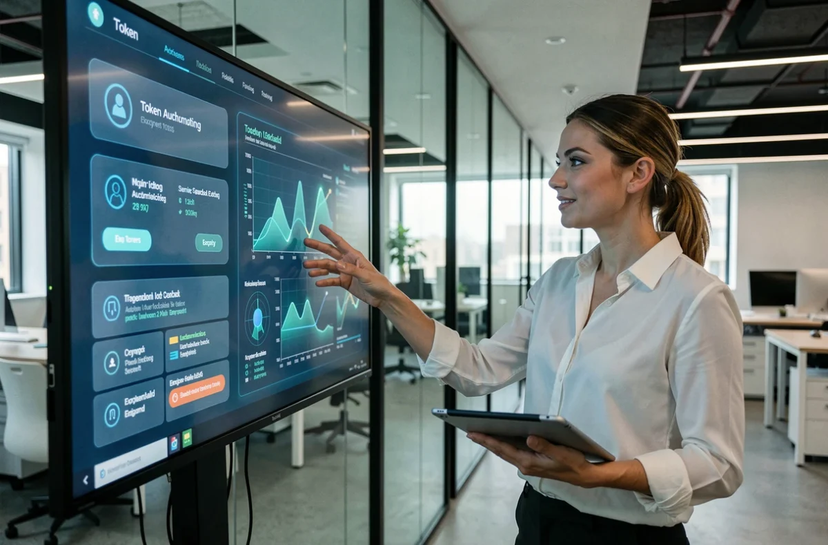 Femme présentant un tableau de bord d'authentification par jeton numérique sur écran interactif