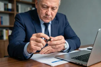 Homme d'affaires tenant un jeton porteur physique dans un bureau corporatif moderne