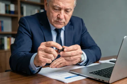 Homme d'affaires tenant un jeton porteur physique dans un bureau corporatif moderne