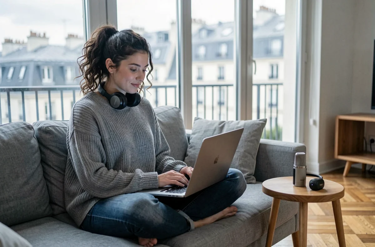 Jeune femme écoutant et produisant un podcast en français sur ordinateur portable dans un appartement parisien moderne