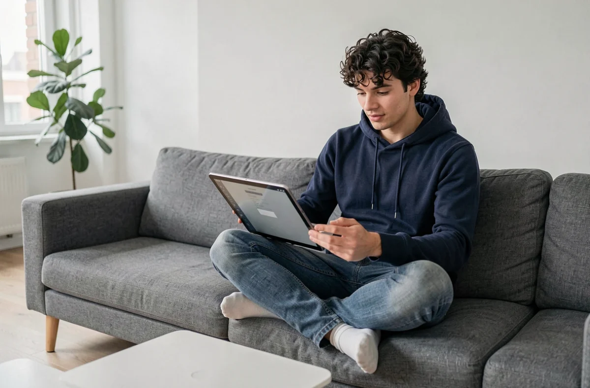 Jeune homme assis sur un canapé moderne consultant une tablette numérique avec une interface intuitive dans un appartement contemporain
